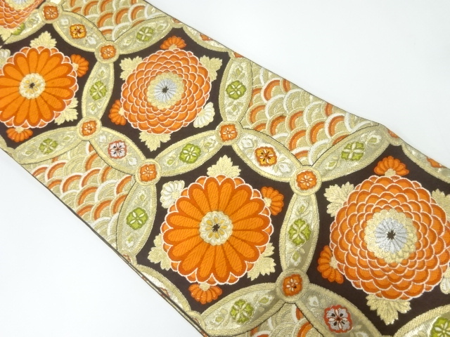 アンティーク　花七宝模様織出し袋帯（着用可）